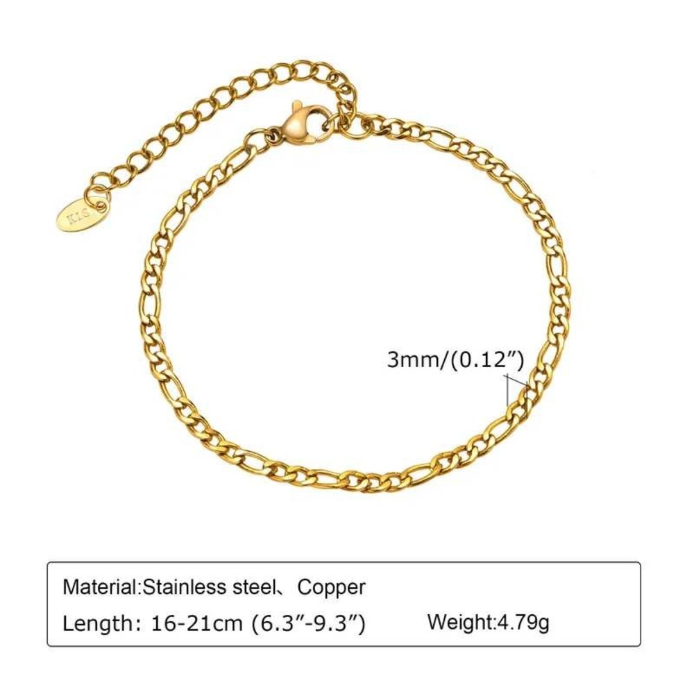 Unbranded Figaro Chain Bracelet Womens OS Gold 18K Plated Stainless Steel 3mm
